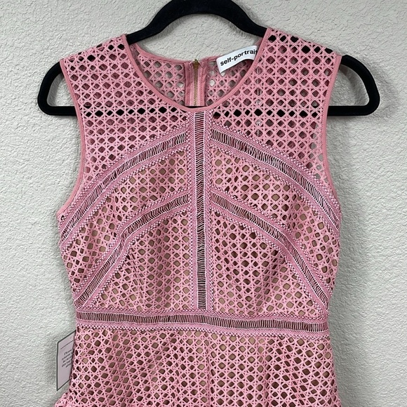 NWT Self-Portrait Crosshatch Frill Mini Dress Pink Guipure Lace Barbie Sz 8 - Picture 7 of 16
